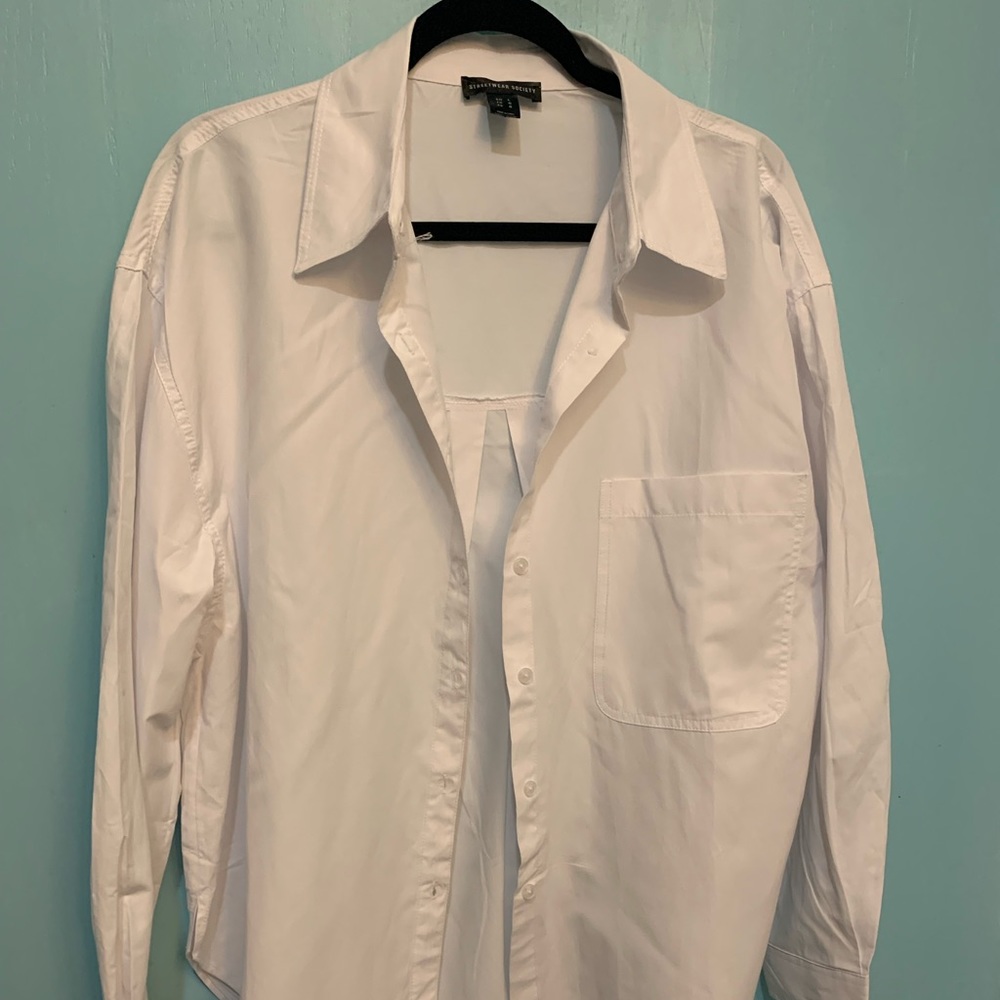 Streetwear SocietyMen Large Business Casual White Long Sleeve Button-Down Shirt